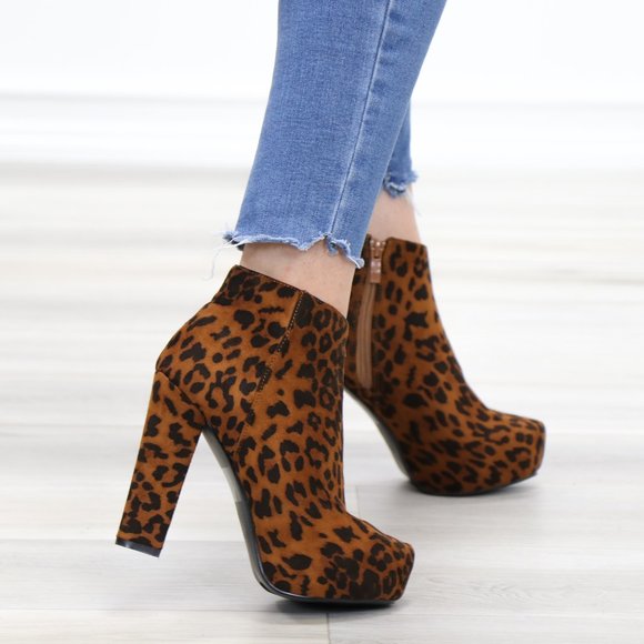 Platform Leopard Suede Ankle Heeled Booties - Picture 5 of 14